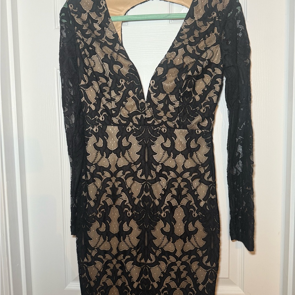 Luxxel Elegant Black and Gold Lace Dress
